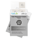 A pack of Triple Magnesium Complex patches is displayed, featuring a sleek design with information about its ingredients and benefits, including support for muscle function and relaxation.