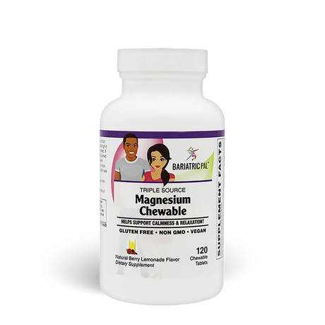A white bottle of Bariatric Pal Triple Source Magnesium Chewable dietary supplement, featuring cartoon images of a man and woman, labeled with benefits and flavor, set against a plain background.
