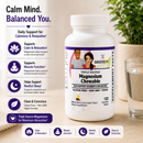 A white bottle of "Triple Source Magnesium Chewable" dietary supplement sits on a light surface, accompanied by a glass of water, with text highlighting benefits like calmness, muscle function, and restful sleep.