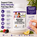 A bottle of Triple Source Magnesium Chewable tablets is displayed with a hand holding a pink chewable tablet, surrounded by berries and a lemon, emphasizing its benefits for calmness and relaxation.
