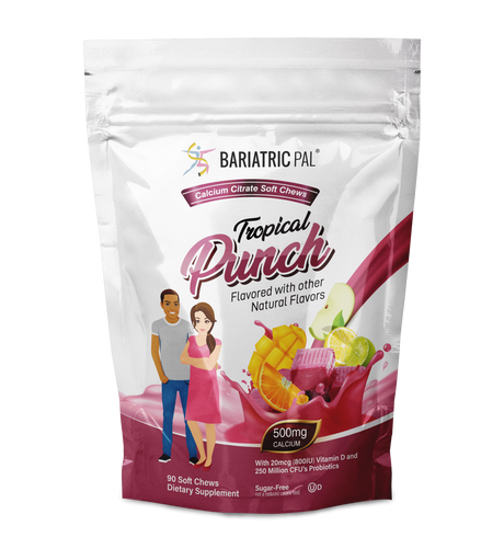 BariatricPal Citrato de calcio masticable suave sin azúcar 500mg con probióticos - Ponche tropical