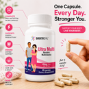 A hand holds a capsule near a bottle labeled "Ultra Multi Bariatric Multivitamin," with two diverse characters smiling beside it, emphasizing daily nutrition and health support.