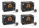 Four boxes of Alex's Low Acid Organic Coffee are displayed, featuring Decaf, Rise & Shine, Half Caff, and French Roast varieties, each containing 12 single-serve cups.