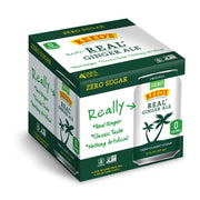 A four-pack of Reed's Zero Sugar Real Ginger Ale cans features a tropical design, highlighting "Real Ginger," "Classic Taste," and "Nothing Artificial," with a focus on zero calories.