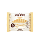 A package of RipVan vanilla wafers features a stack of cream-filled wafers, with nutritional information highlighting 1 gram of sugar, 7 grams of fiber, and 120 calories.