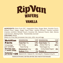 A product label for Rip Van Vanilla Wafers displays ingredients, nutritional facts, and allergen information, highlighting its sustainable sourcing and containing wheat, tree nuts, milk, soy, and egg.