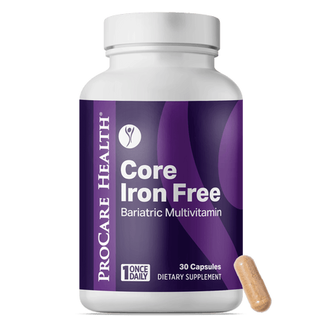 A white bottle of Procare Health Core Iron Free bariatric multivitamin with a purple label, displaying "30 Capsules" and "Once Daily," next to a single capsule on a black background.