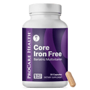 A white bottle of Procare Health Core Iron Free bariatric multivitamin with a purple label, displaying "30 Capsules" and "Once Daily," next to a single capsule on a black background.