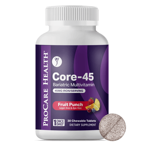 ProCare Health Multivitamínico Bariátrico Masticable Una Vez al Día Core-45 con 45mg de Hierro, Sabor Ponche de Frutas, 30 Tabletas - Suministro para 30 días
