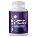 A white bottle with a purple label displays "Core-45 + Probiotics," indicating it's a bariatric multivitamin supplement containing 60 capsules and 15 billion CFU probiotics.