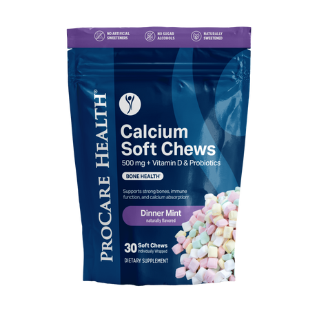 A blue bag of ProCare Health Calcium Soft Chews, featuring a mint flavor, displays text highlighting its benefits for bone health and contains 30 individually wrapped chews.
