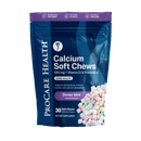A blue bag of ProCare Health Calcium Soft Chews, featuring a mint flavor, displays text highlighting its benefits for bone health and contains 30 individually wrapped chews.