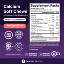 Calcium soft chews in a peaches and cream flavor, featuring a supplement facts panel that lists ingredients, nutritional information, and certifications for quality and safety.
