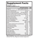 A detailed supplement facts label lists various vitamins and minerals, their amounts per serving, and the percentage of daily value, indicating nutritional information for a dietary supplement capsule.
