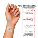 A hand with manicured nails holds a skin patch featuring a cherry design, with step-by-step instructions for applying and using the patch for vitamin C and antioxidant support.