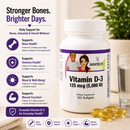 A bottle of BariatricPal Vitamin D-3 dietary supplement with 100 softgels, shown alongside informational graphics on the left and softgels on a light surface with a glass of water and a plant in the background.