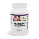 A white plastic bottle of BariatricPal Vitamin D-3 dietary supplement, 125 mcg (5,000 IU), containing 250 softgels.
