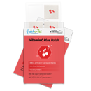 A package of Vitamin C Plus patches features a bright red design with cherry graphics, highlighting benefits like immune support and containing 30 patches made from hypoallergenic fabric.