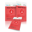 Three packages of Vitamin C Plus patches are displayed, featuring a red background, cherry graphics, and text highlighting benefits like immune support and brain function, with each containing 30 patches.