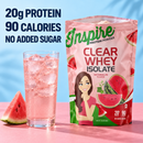 Inspire Watermelon Clear Whey Isolate Protein Powder with 20 grams of protein, 90 calories and no added sugar per serving.