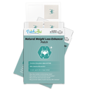 A packaging display for PatchAid's Natural Weight Loss Enhancer Patch, featuring a teal background with product details, illustrations of patches, and claims about health benefits.