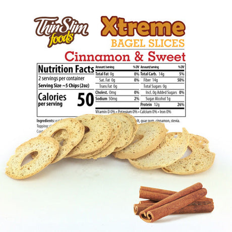 Cinnamon-flavored bagel slices are displayed in front of a nutrition facts label, showcasing the product's details and highlighting its low calorie count of 50 per serving.