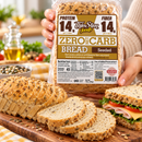 ThinSlim Foods Seeded Zero Net Carb Bread with 14 grams of protein and 14 grams of fiber per two slices. 45 calories per slice.