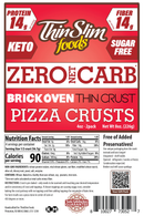 ThinSlim Foods packaging features a red background with bold text highlighting "Zero Net Carb" and "Brick Oven Thin Crust Pizza Crusts," along with nutritional information and a QR code for additional details.