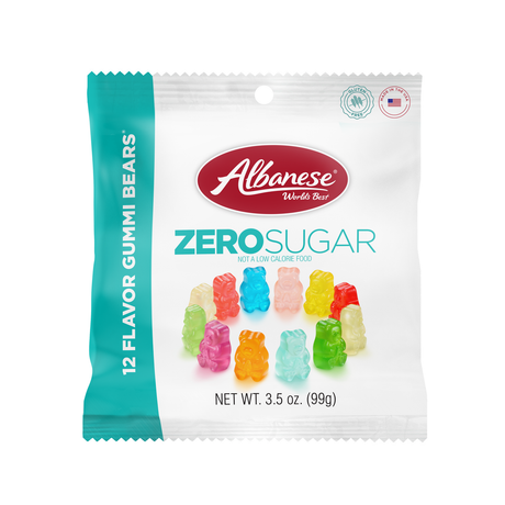 A clear plastic bag contains colorful gummy bears in various flavors, labeled "Albanese Zero Sugar," with a note stating it is not a low-calorie food, and the bag weighs 3.5 ounces.