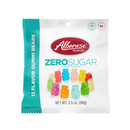 A clear plastic bag contains colorful gummy bears in various flavors, labeled "Albanese Zero Sugar," with a note stating it is not a low-calorie food, and the bag weighs 3.5 ounces.