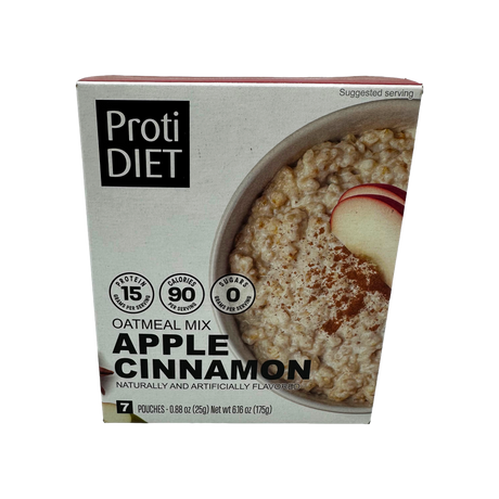 A box of ProtiDIET Apple Cinnamon oatmeal mix features a bowl of oatmeal topped with apple slices and cinnamon, highlighting nutritional information and serving details on the packaging.
