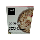 A box of ProtiDIET Apple Cinnamon oatmeal mix features a bowl of oatmeal topped with apple slices and cinnamon, highlighting nutritional information and serving details on the packaging.