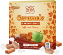 A box of ChocZero Caramel Apple candies features a green apple and caramel pieces on a warm, autumn-themed background, highlighting the product's limited edition, keto, and gluten-free attributes.