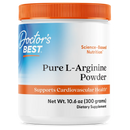A white container of Doctor's Best Pure L-Arginine Powder with an orange lid, labeled as a dietary supplement that supports cardiovascular health, prominently displays its weight of 10.6 ounces.