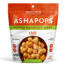 A colorful bag of Ashapops featuring popped water lily seeds in chili flavor, highlighting its gluten-free, vegan, and handcrafted qualities, with a bowl of the snack displayed prominently on the front.