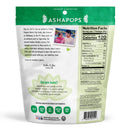 A green bag of Ashapops Popped Water Lily Seeds features a photo of a mother and son, with text about the product's health benefits, nutritional information, and a note on its cultural significance.