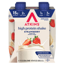 A four-pack of Atkins high protein strawberry shakes, featuring a creamy texture and fresh strawberries on the packaging, highlights nutritional benefits like 15g of protein and low sugar.