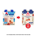 Two cartons of Atkins strawberry protein shakes are shown side by side, highlighting a packaging change, with text indicating that both versions have the same great taste.