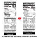 Two nutrition facts labels side by side compare the nutritional content of a shake, highlighting changes in protein and vitamins, with a note about potential product variations.