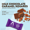 Milk chocolate caramel squares are displayed on a light blue background, featuring broken pieces with caramel, alongside a purple wrapper labeled "Atkins Milk Chocolate Caramel Square."