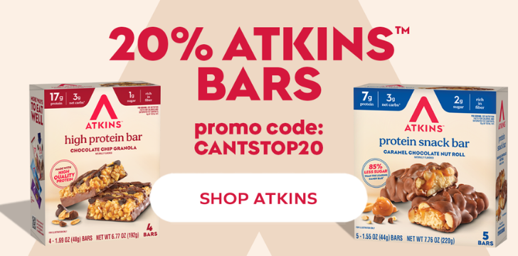 Two boxes of Atkins bars are displayed, featuring a high protein bar and a protein snack bar, with a promotional offer of 20% off and a code to use, encouraging shoppers to purchase.