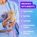 A person holds a jar of oatmeal topped with cereal and a spoon, wearing a light blue outfit, with a purple background highlighting product benefits like protein and fiber content.