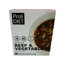 A box of ProtiDIET Beef & Vegetables soup mix displays a bowl of dark broth with vegetables, highlighting nutritional information including 15 grams of protein and 90 calories per serving.