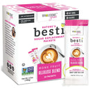 A box of Wholesome Yum's Nature's Besti sugar replacement packets features a coffee cup with latte art, highlighting the monk fruit allulose blend, and notes it dissolves in hot and cold beverages.