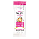 A packet of Wholesome Yum's Nature's Besti sugar replacement, labeled as monk fruit allulose blend, features a coffee cup with a heart design and highlights its dissolvable properties in hot and cold beverages.
