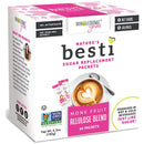 A box of Wholesome Yum's Besti sugar replacement packets, featuring a coffee cup with latte art, highlights monk fruit allulose blend, and states it contains zero net carbs and calories.