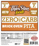 A product label for Thin Slim Foods features "Zero Net Carb Brick Oven Pita," highlighting nutritional information such as 7g protein, 7g fiber, and keto-friendly attributes, with a guarantee of taste satisfaction.