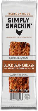 A packaged snack featuring a black bean chicken bar with red bell peppers and salsa, labeled as gluten-free and containing 11 grams of protein, set against a plain background.