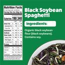 Black soybean spaghetti is displayed on a white plate, topped with colorful vegetables, alongside a nutrition facts label detailing ingredients and nutritional information on a green background.
