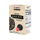 A box of Explore Cuisine Organic Black Bean Spaghetti displays a bowl of cooked spaghetti with colorful vegetables, highlighting its high protein content and nutritional information on the side.